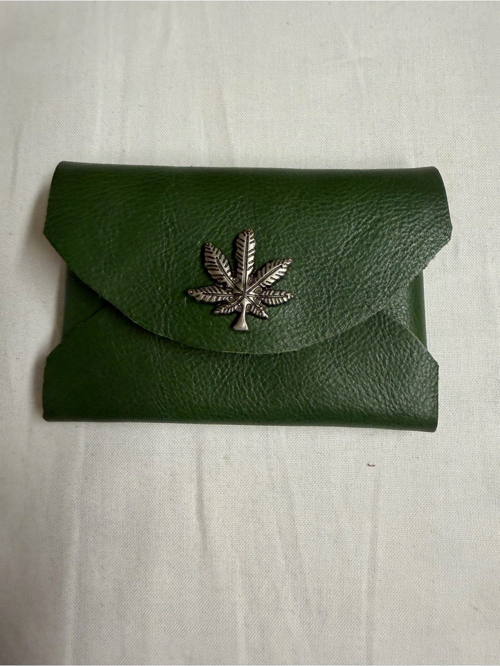 Green Leather Envelope Wallet with Leaf Emblem